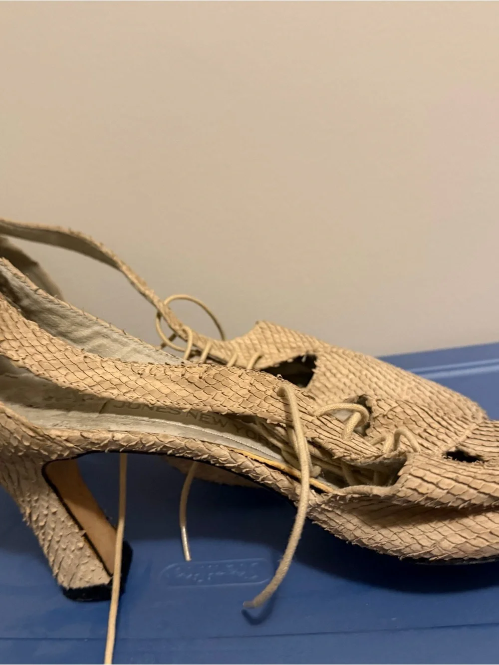 Jones New York Woven Lace-Up Pointed-Toe Heels in Tan